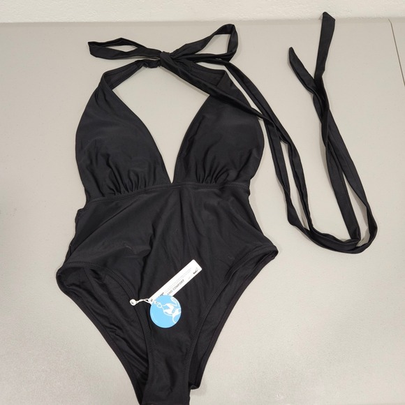 CUPSHE Natalie Plunging Halter Neck Backless One Piece Swimsuit MediumBlack - Picture 5 of 12